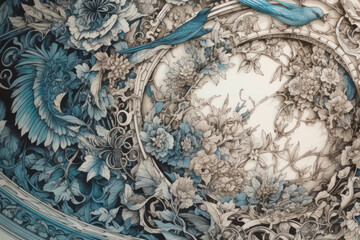 An elegant illustration made in the style of a complex ornament with elements of nature. 