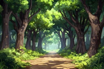 Sunlit Forest Path Lush trees, winding road, misty background, game design