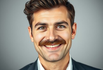 Fototapeta premium Portrait of a man with a moustache, smiling and looking directly at the camera