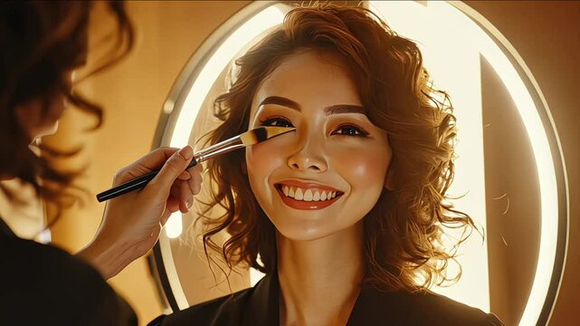 A young and beautiful woman has her makeup done on her wedding day by a professiona