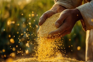 Farmer's hands overflowing with golden quinoa seeds. Illustrates harvest, abundance, and healthy food production.