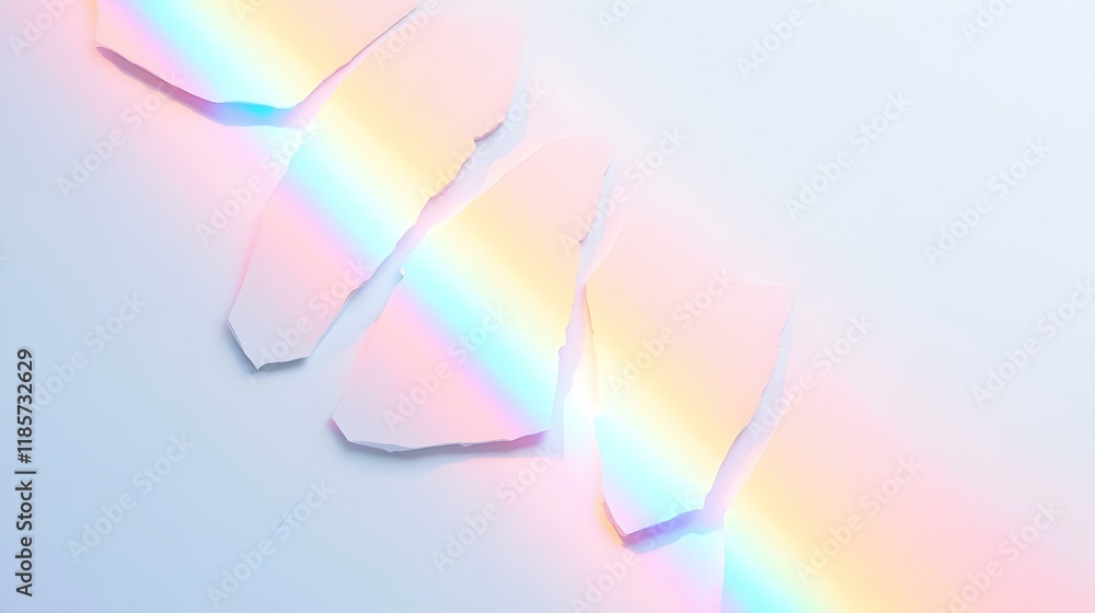 Poster prismatic reflections, torn textures refract through a prism, revealing vibrant colors and intricate