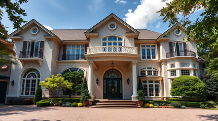 Obraz premium Two-Story Beige House with Brown Roof and Landscaped Gardens