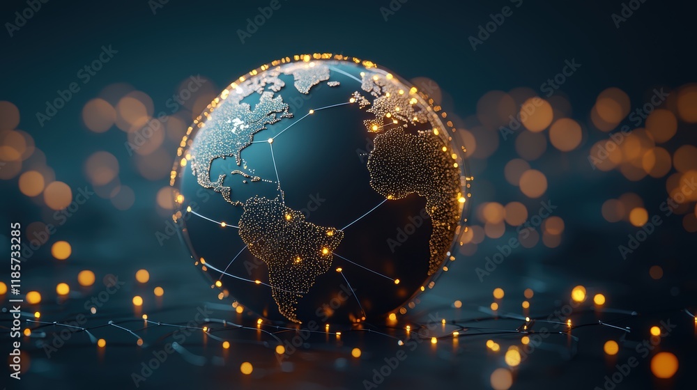 Poster a rotating globe with interconnected nodes and lines representing global data flow and communication