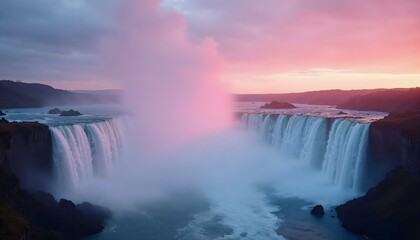 Fototapeta premium The sun rises, casting golden light over the majestic waterfalls at their peak, creating a breathtaking scene
