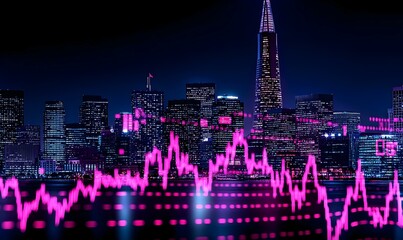 Urban Financial Insights, A dynamic city skyline adorned with layered financial data graphs, showcasing the intersection of commerce and urban life.