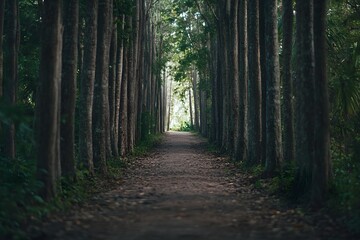 Obraz premium Path, trees, forest, sunlight, nature, trail, serenity, escape, journey, peace