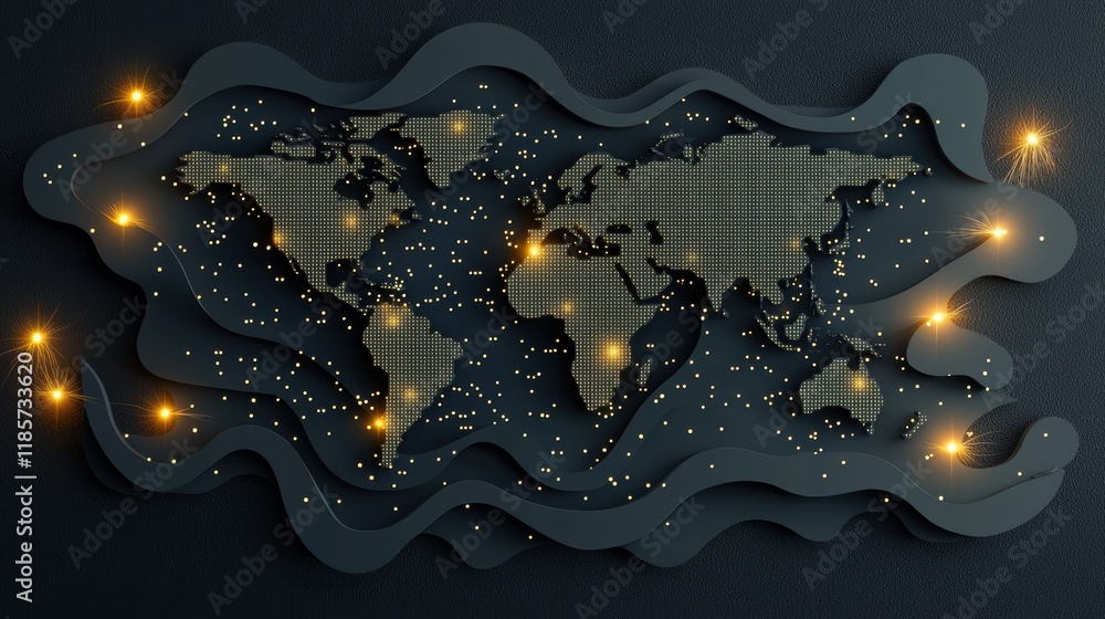 Poster a world map with data streams flowing between continents, represented by glowing lines and pulsating