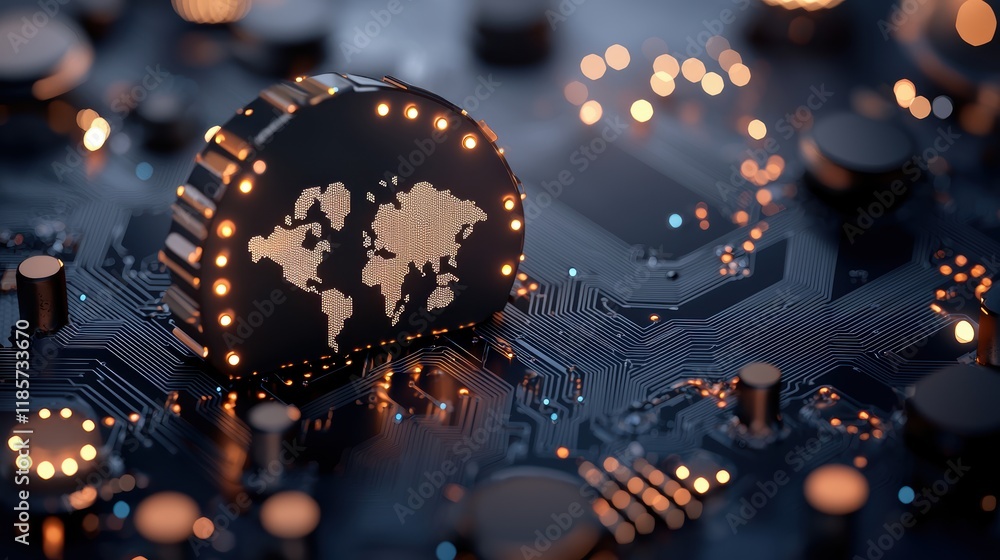 Aufkleber an abstract background of circuit board patterns and glowing lines, with a world map overlaid to rep