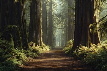 Fototapeta premium Redwood forest path, misty morning, nature trail, tranquility