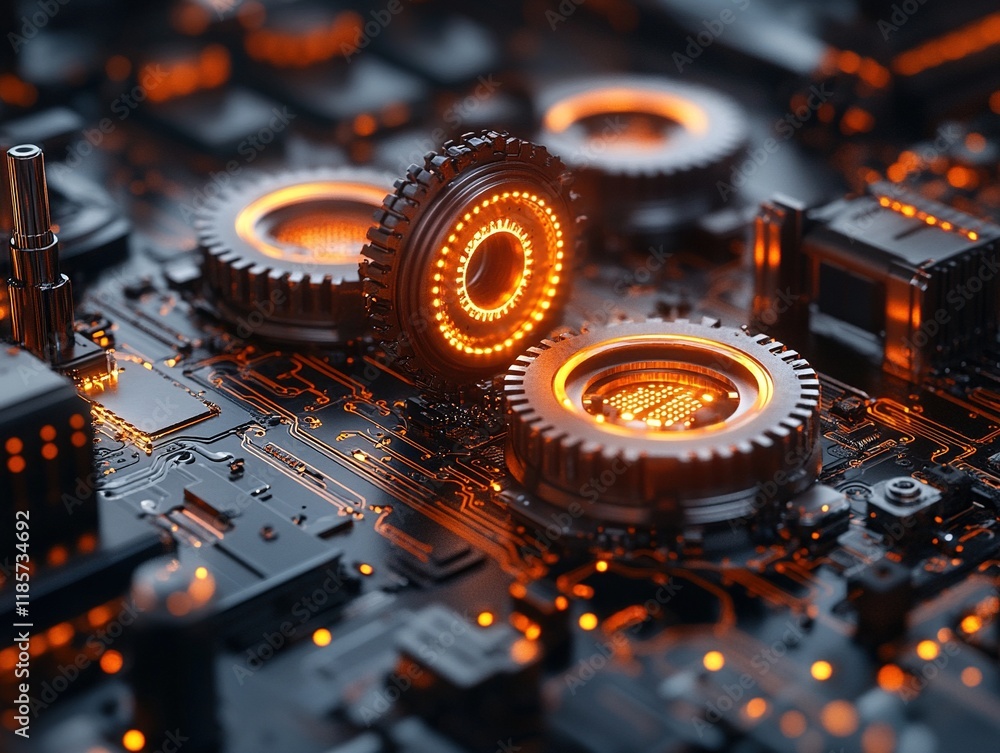 Poster glowing circuit with three lighted gears in an electronic background