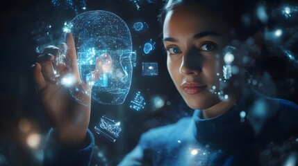 Woman Interacting With A Holographic Digital Head