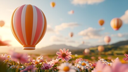 Fototapeta premium Colorful hot air balloons float above a field of vibrant flowers, illuminated by a warm sunset, creating a serene and picturesque landscape.