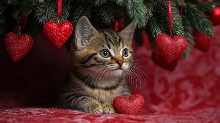 Obraz premium The joy of a kitten on Valentine’s Day A cute kitten sitting under a decorated tree with red hearts.