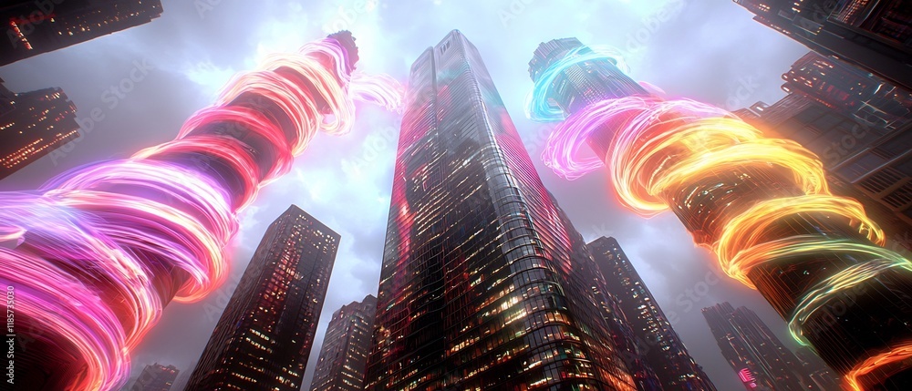 Poster vibrant chromatic currents of energy flowing through a mesmerizing cityscape a dynamic visualization