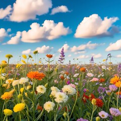 Obraz premium A serene and vibrant professional photograph of a vast field of wildflowers in full bloom, stretching toward the horizon under a brilliant bright blue sky with puffy white clouds.