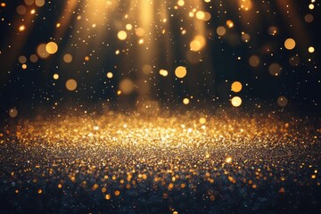 Obraz premium Golden glitter sparkles, spotlight, dark background, festive backdrop