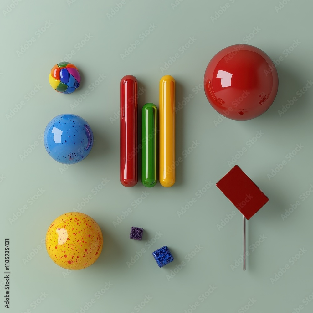 Poster colorful abstract objects on green background