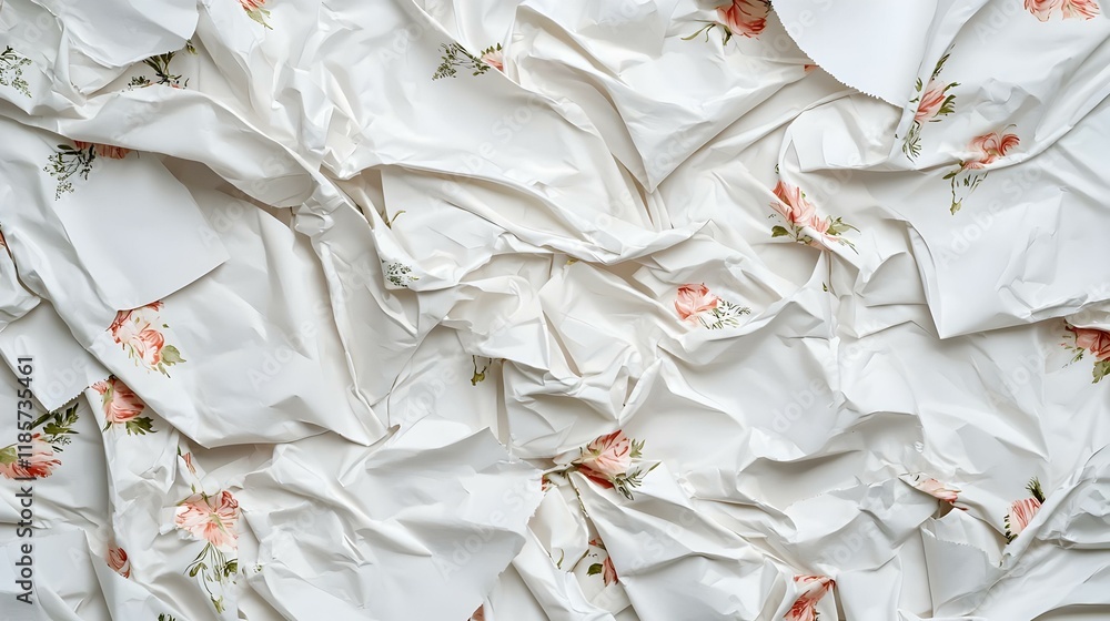 Poster ripped paper overlay on textured fabric featuring vibrant floral patterns, creating a dynamic contra