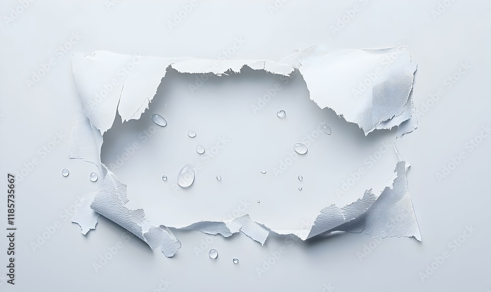 Poster ripped paper texture on a surface with water droplets, creating a layered and tactile visual experie