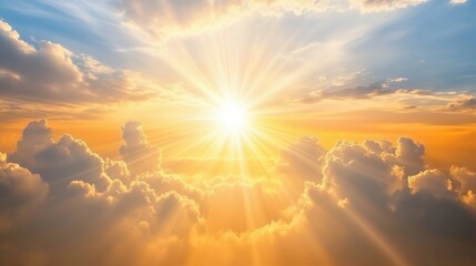 Golden sun rays burst through clouds. Perfect for hope, faith, or spiritual themes.