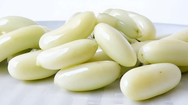 Establishing video panning left to show small white lima beans, each smooth and uniform, arranged in a checkerboard pattern, high key lighting