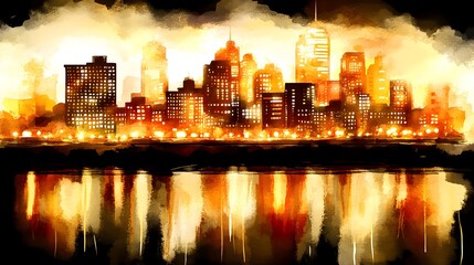 Obraz premium Golden Hour Cityscape Watercolor City at Night