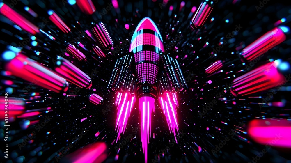 Poster glitched rocket a minimalist rocket design featuring vibrant glitch art elements, blending technolog