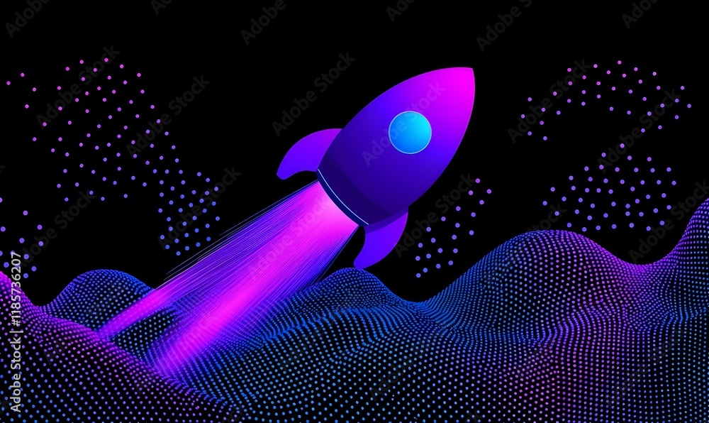 Poster minimalist rocket design featuring pointillism art style, showcasing intricate details and vibrant c