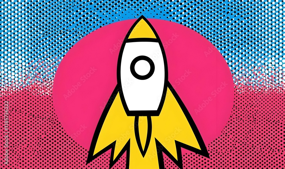 Poster minimalist rocket design in pointillism style, featuring intricate dot patterns and a sleek silhouet