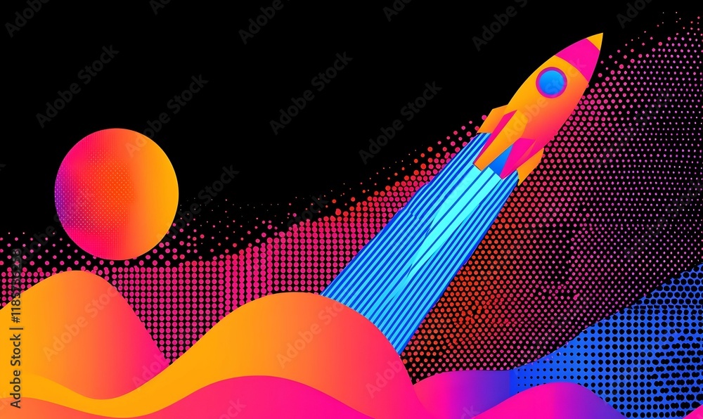 Poster minimalist rocket design featuring pointillism art, showcasing intricate details and a modern aesthe