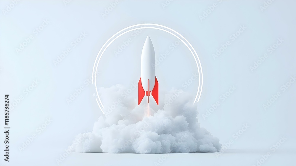 Poster minimalist rocket design encased in a circular frame, vibrant colors and smooth lines create a moder