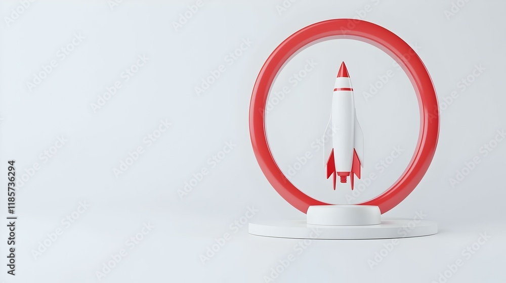 Poster minimalist rocket design encased in a circular frame, showcasing sleek lines and a futuristic aesthe