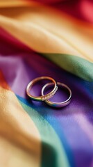Closeup couple wedding diamond rings on pride flag cloth, Concept of Freedom Love, Marriage, LGBT, Acceptance, Gay Couple