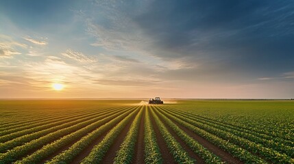 Tractor spray fertilizer on green field drone high angle view, agriculture background concept.