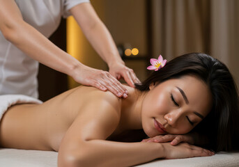 Obraz premium Young Woman Receiving Massage in Dimly Lit Spa Salon