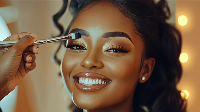 A young and beautiful woman has her makeup done on her wedding day by a professiona