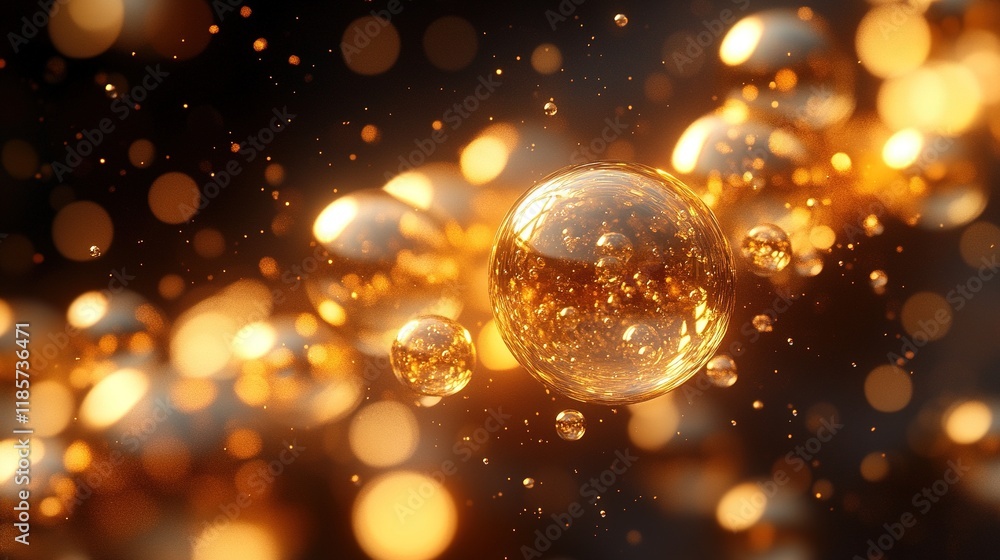 Poster gold liquid bubbles floating in dark space with bokeh. possible for ads