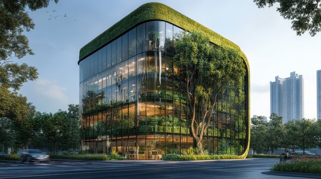 Modern eco-friendly office building with lush green walls. Illustrates sustainable architecture and urban greening concepts.