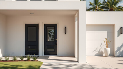 Modern house exterior with off-white walls, dark-framed double doors, a covered entryway, and a large garage door. A potted plant sits near the garage.  Landscaping is minimal.