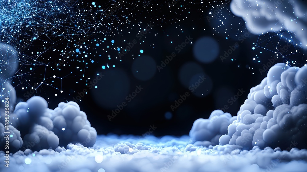 Poster abstract background with blue and white cloud shapes connected by glowing network lines, representin