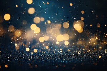 Obraz premium Golden glitter bokeh on dark blue background, festive backdrop