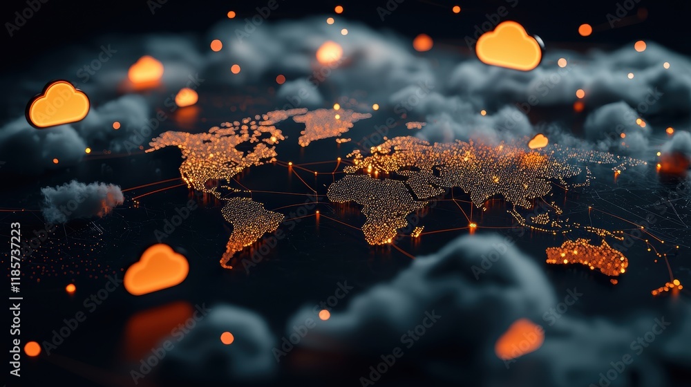Poster a world map with glowing network lines connecting major cities and continents, with cloud icons stra