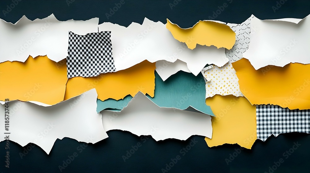 Poster torn scrapbook layers with geometric shapes, a creative blend of textured paper and vibrant design e