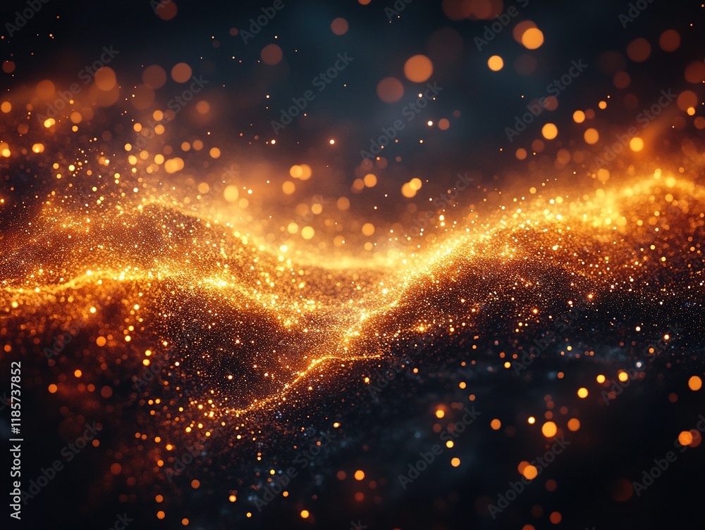 Poster golden particles flowing in dark space, with bokeh background, for tech