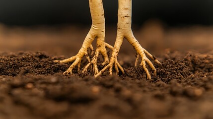 Fototapeta premium plant roots in soil, closeup macro shot - macro photography