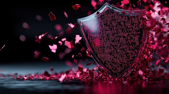 A transparent shield with binary code streaming across its surface, deflecting a barrage of red malware symbols, symbolizing proactive cyber defense.