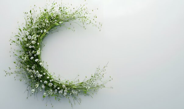 Floral half-circle wreath of white flowers and green grass on white background.