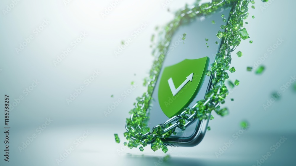Poster a smartphone with a broken chain link and a green shield icon appearing on the screen, representing 