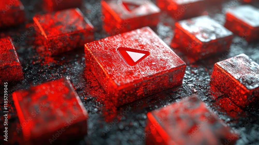 Poster abstract red cubes: a digital play button in a futuristic technological setting